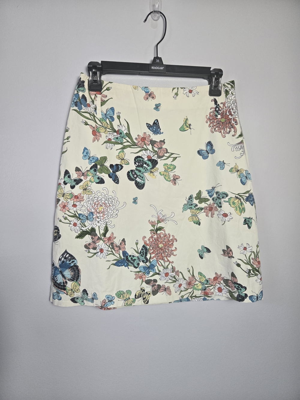 Tibi Floral Butterfly Print A-Line Mini Skirt Side Zip Belt Loops Cream